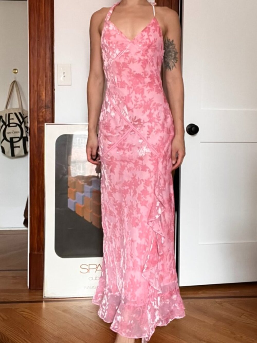 Pink Velvet Burnout Asymmetric Dress